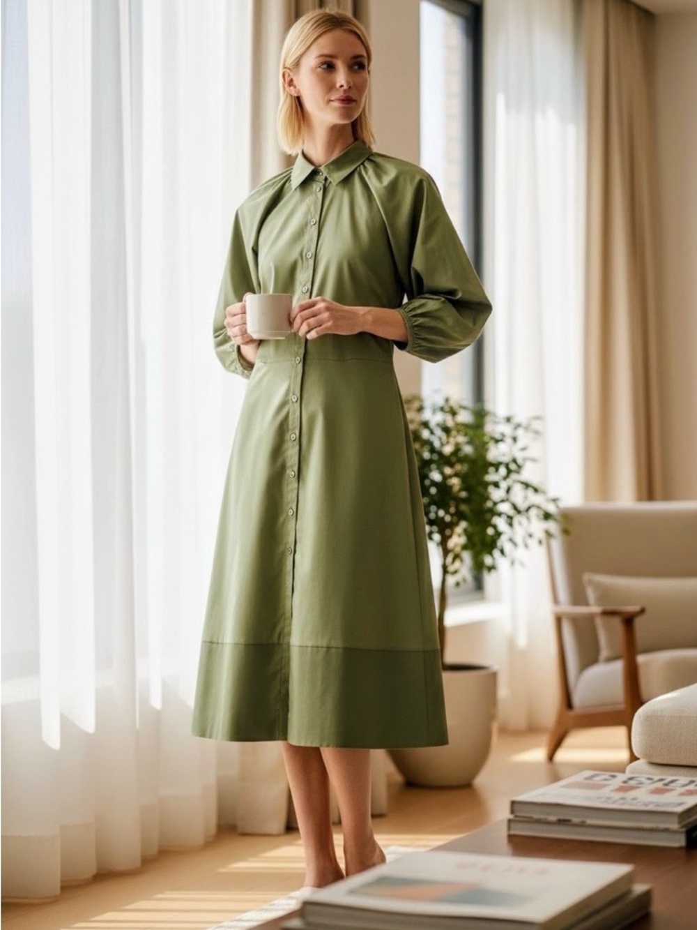 Harshman Womens Muriel Match Green Cotton Shirt Dress 3/4 Sleeve NWT $229 New L